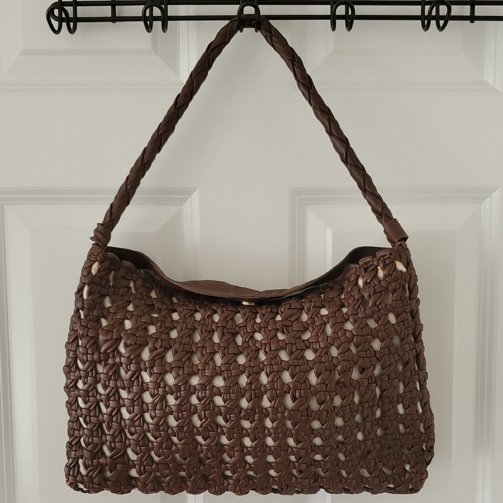 Vince Camuto Brown Leather Macremé Top Handle Bag